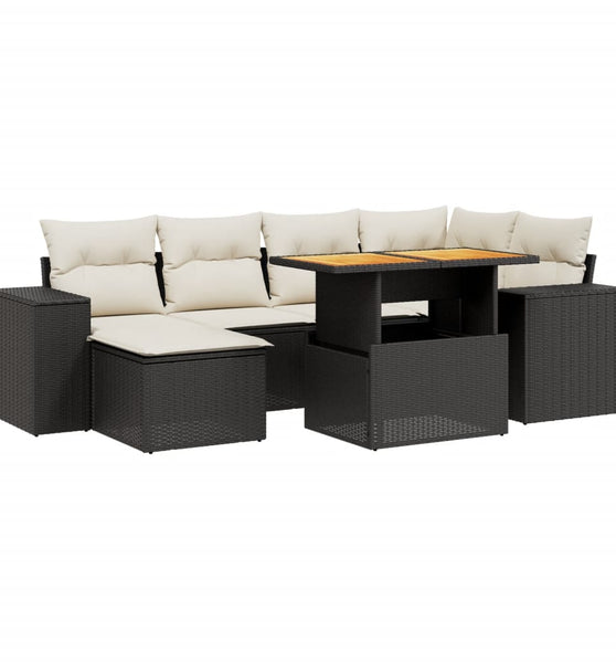 7-tlg. Garten-Sofagarnitur mit Kissen Schwarz Poly Rattan