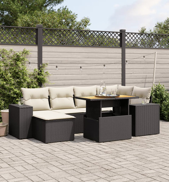 7-tlg. Garten-Sofagarnitur mit Kissen Schwarz Poly Rattan