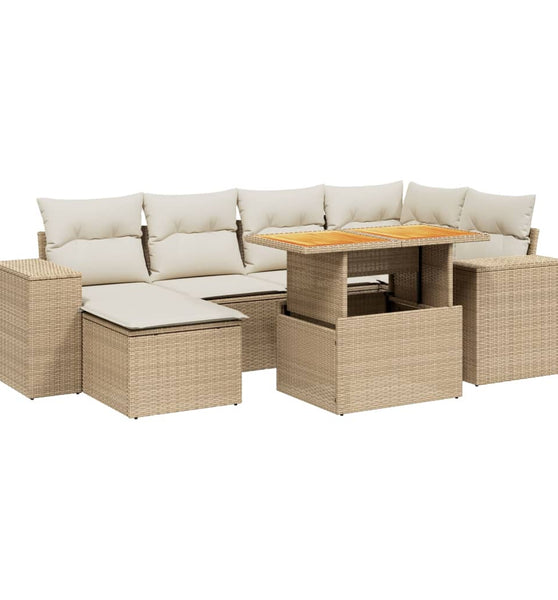 7-tlg. Garten-Sofagarnitur mit Kissen Beige Poly Rattan