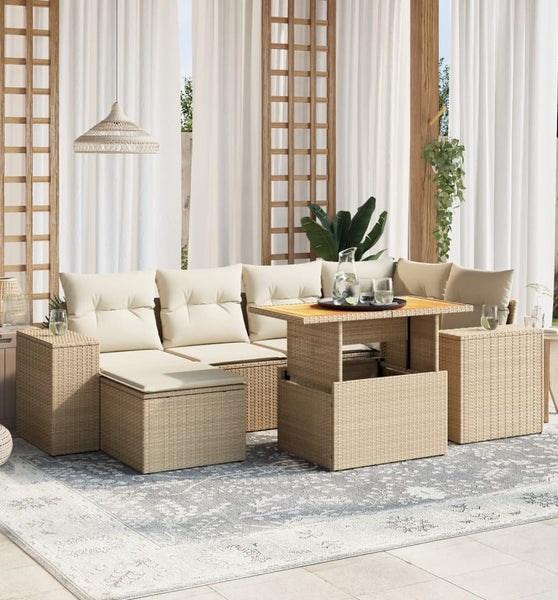 7-tlg. Garten-Sofagarnitur mit Kissen Beige Poly Rattan