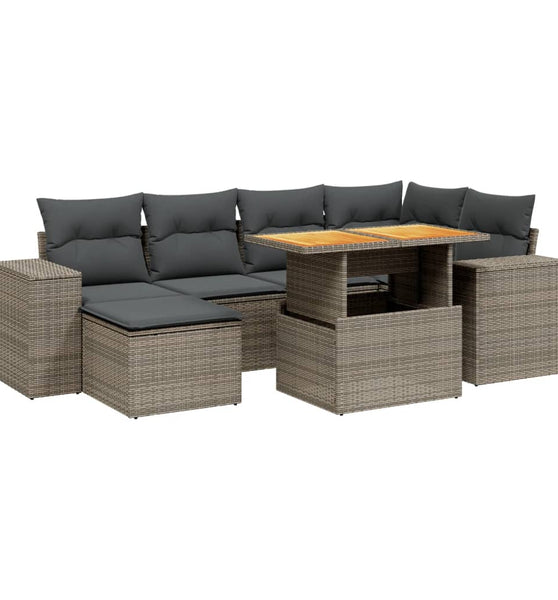 7-tlg. Garten-Sofagarnitur mit Kissen Grau Poly Rattan