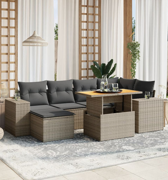 7-tlg. Garten-Sofagarnitur mit Kissen Grau Poly Rattan