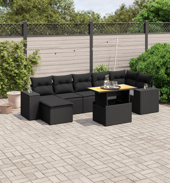 8-tlg. Garten-Sofagarnitur mit Kissen Schwarz Poly Rattan