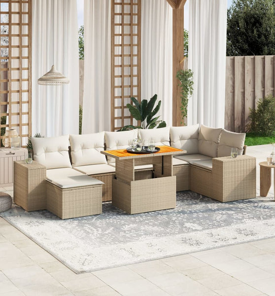 8-tlg. Garten-Sofagarnitur mit Kissen Beige Poly Rattan
