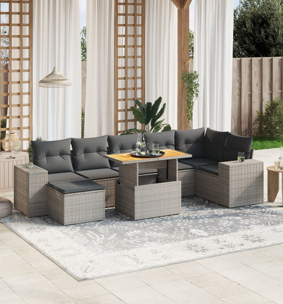 8-tlg. Garten-Sofagarnitur mit Kissen Grau Poly Rattan
