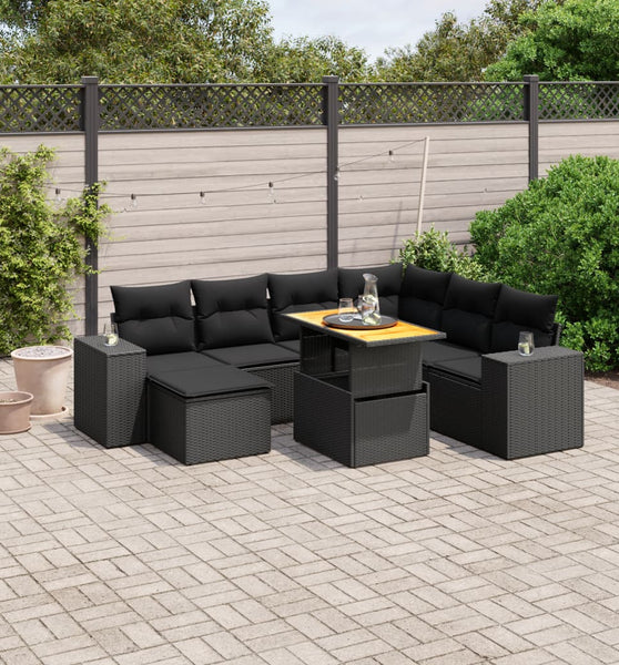 8-tlg. Garten-Sofagarnitur mit Kissen Schwarz Poly Rattan