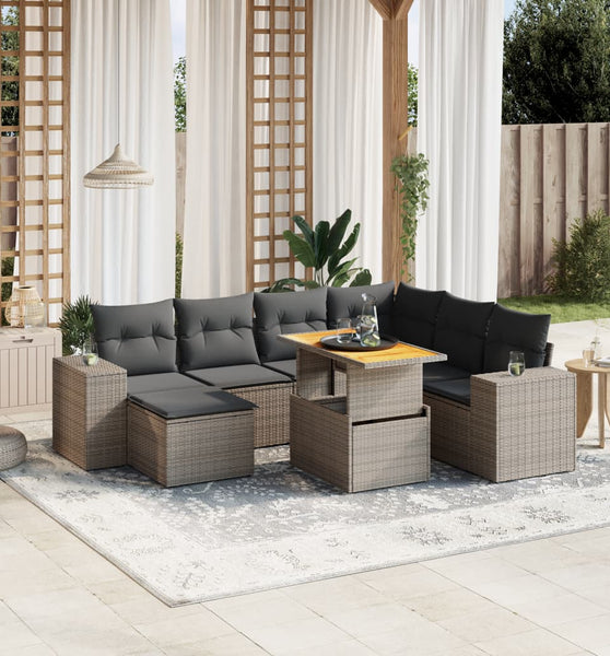 8-tlg. Garten-Sofagarnitur mit Kissen Grau Poly Rattan