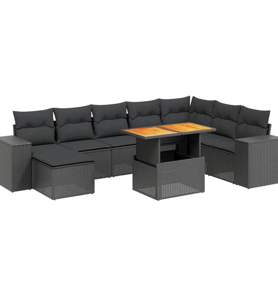 9-tlg. Garten-Sofagarnitur mit Kissen Schwarz Poly Rattan