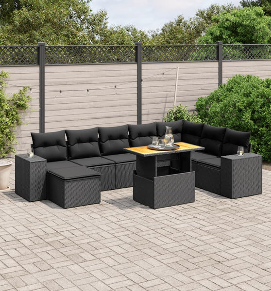 9-tlg. Garten-Sofagarnitur mit Kissen Schwarz Poly Rattan