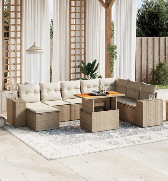 9-tlg. Garten-Sofagarnitur mit Kissen Beige Poly Rattan