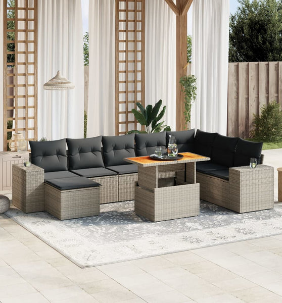 9-tlg. Garten-Sofagarnitur mit Kissen Grau Poly Rattan