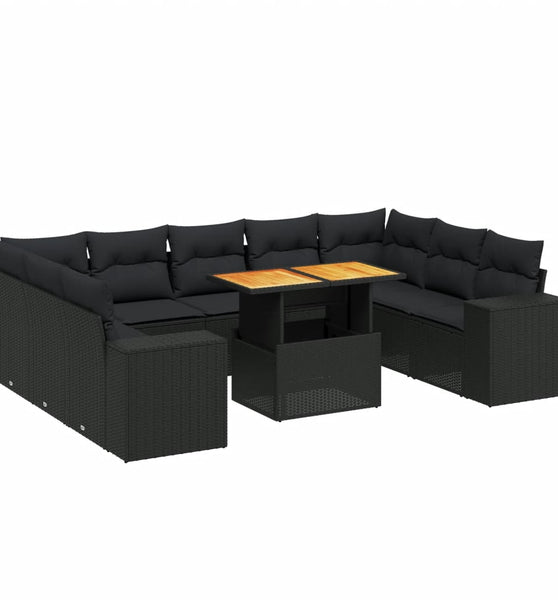 10-tlg. Garten-Sofagarnitur mit Kissen Schwarz Poly Rattan