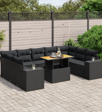 10-tlg. Garten-Sofagarnitur mit Kissen Schwarz Poly Rattan