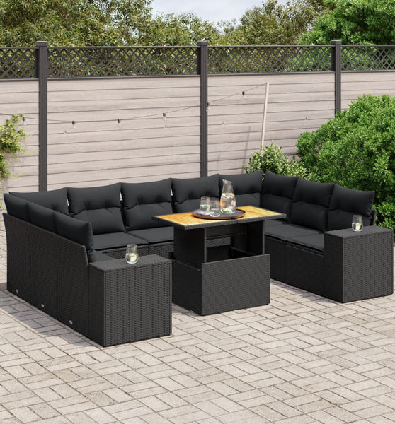 10-tlg. Garten-Sofagarnitur mit Kissen Schwarz Poly Rattan