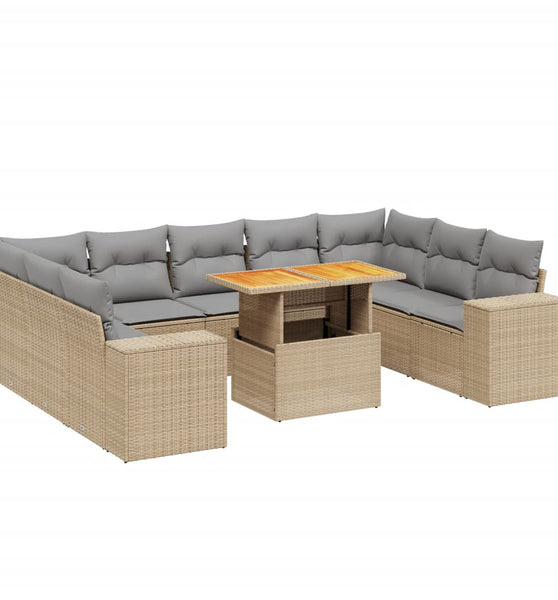 10-tlg. Garten-Sofagarnitur mit Kissen Beige Poly Rattan