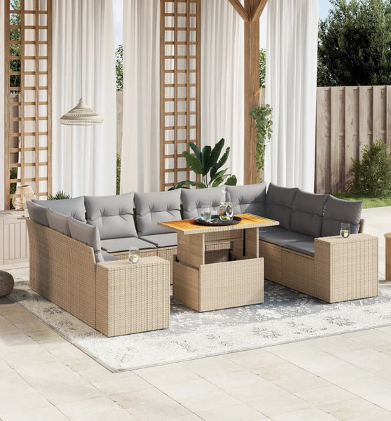 10-tlg. Garten-Sofagarnitur mit Kissen Beige Poly Rattan
