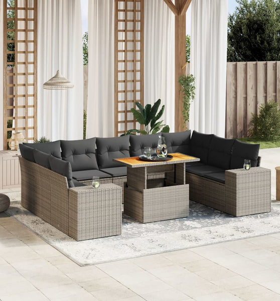 10-tlg. Garten-Sofagarnitur mit Kissen Grau Poly Rattan