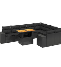 10-tlg. Garten-Sofagarnitur mit Kissen Schwarz Poly Rattan