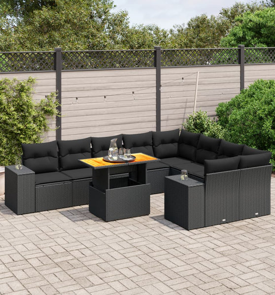 10-tlg. Garten-Sofagarnitur mit Kissen Schwarz Poly Rattan