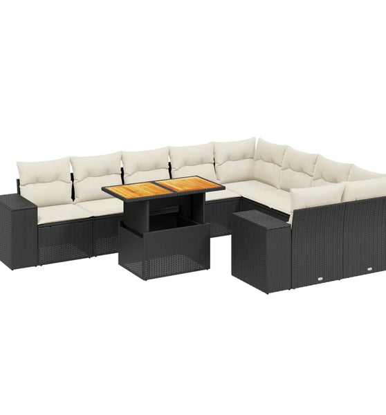 10-tlg. Garten-Sofagarnitur mit Kissen Schwarz Poly Rattan