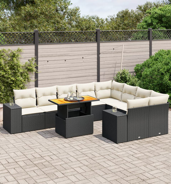 10-tlg. Garten-Sofagarnitur mit Kissen Schwarz Poly Rattan