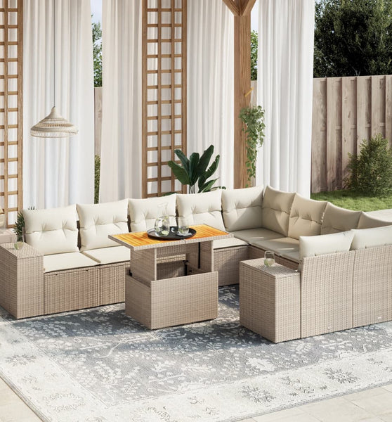 10-tlg. Garten-Sofagarnitur mit Kissen Beige Poly Rattan