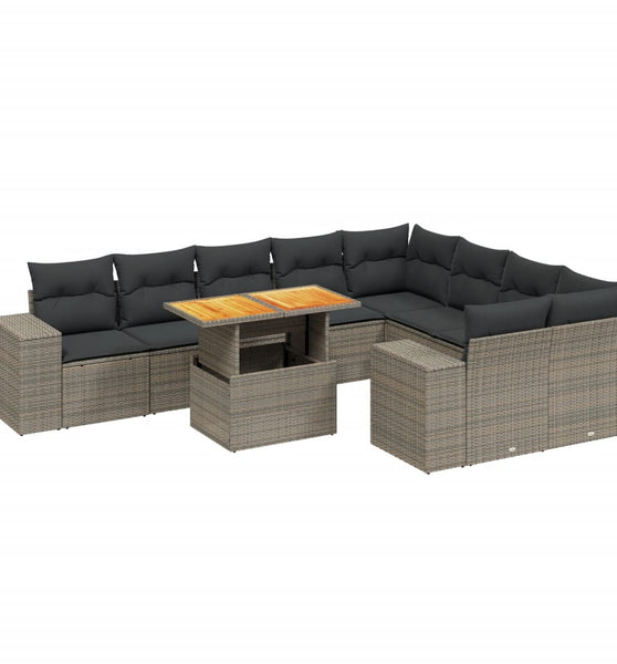 10-tlg. Garten-Sofagarnitur mit Kissen Grau Poly Rattan