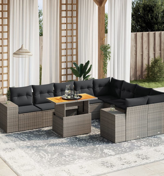 10-tlg. Garten-Sofagarnitur mit Kissen Grau Poly Rattan