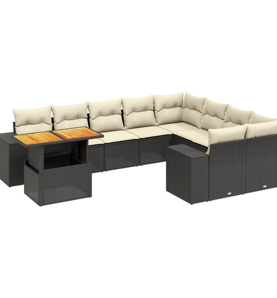 10-tlg. Garten-Sofagarnitur mit Kissen Schwarz Poly Rattan