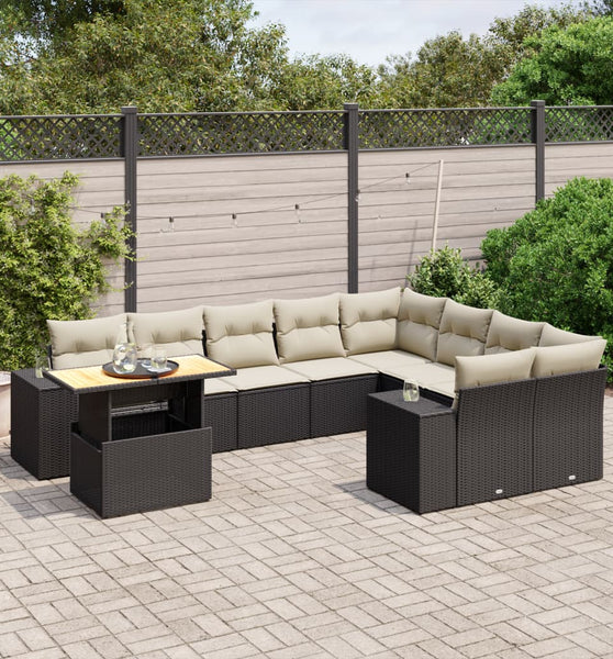 10-tlg. Garten-Sofagarnitur mit Kissen Schwarz Poly Rattan