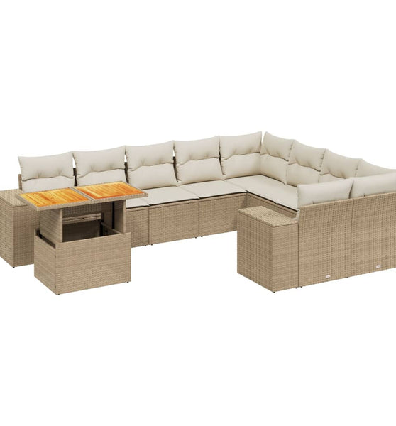 10-tlg. Garten-Sofagarnitur mit Kissen Beige Poly Rattan