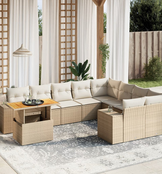 10-tlg. Garten-Sofagarnitur mit Kissen Beige Poly Rattan