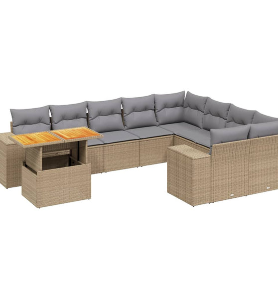 10-tlg. Garten-Sofagarnitur mit Kissen Beige Poly Rattan