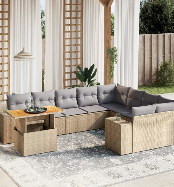 10-tlg. Garten-Sofagarnitur mit Kissen Beige Poly Rattan