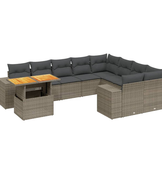 10-tlg. Garten-Sofagarnitur mit Kissen Grau Poly Rattan