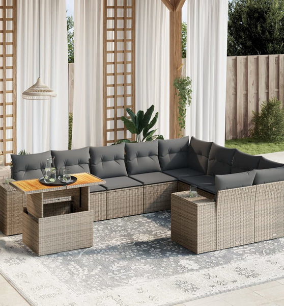 10-tlg. Garten-Sofagarnitur mit Kissen Grau Poly Rattan