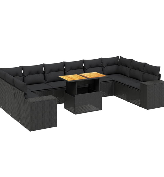 11-tlg. Garten-Sofagarnitur mit Kissen Schwarz Poly Rattan