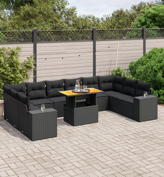 11-tlg. Garten-Sofagarnitur mit Kissen Schwarz Poly Rattan
