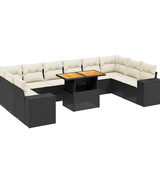 11-tlg. Garten-Sofagarnitur mit Kissen Schwarz Poly Rattan