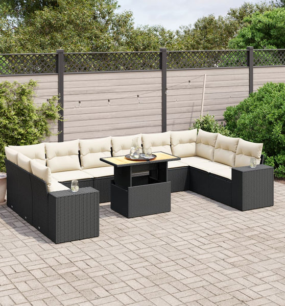 11-tlg. Garten-Sofagarnitur mit Kissen Schwarz Poly Rattan