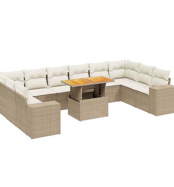 11-tlg. Garten-Sofagarnitur mit Kissen Beige Poly Rattan