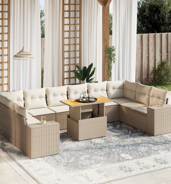 11-tlg. Garten-Sofagarnitur mit Kissen Beige Poly Rattan