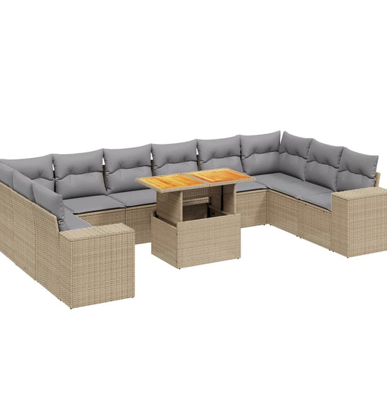 11-tlg. Garten-Sofagarnitur mit Kissen Beige Poly Rattan