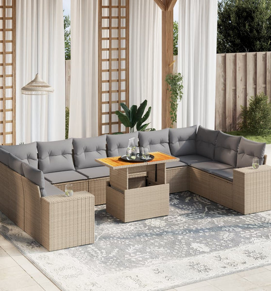 11-tlg. Garten-Sofagarnitur mit Kissen Beige Poly Rattan