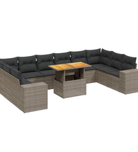 11-tlg. Garten-Sofagarnitur mit Kissen Grau Poly Rattan