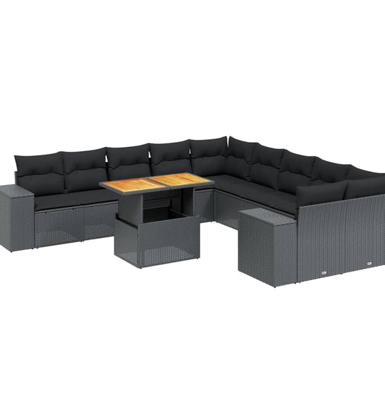 11-tlg. Garten-Sofagarnitur mit Kissen Schwarz Poly Rattan
