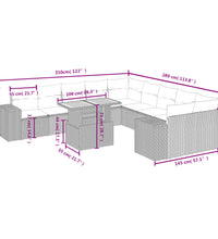 11-tlg. Garten-Sofagarnitur mit Kissen Schwarz Poly Rattan
