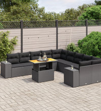11-tlg. Garten-Sofagarnitur mit Kissen Schwarz Poly Rattan