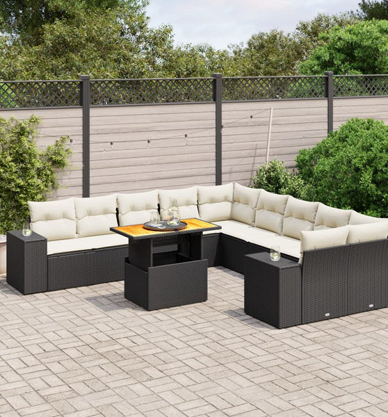 11-tlg. Garten-Sofagarnitur mit Kissen Schwarz Poly Rattan