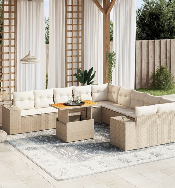 11-tlg. Garten-Sofagarnitur mit Kissen Beige Poly Rattan